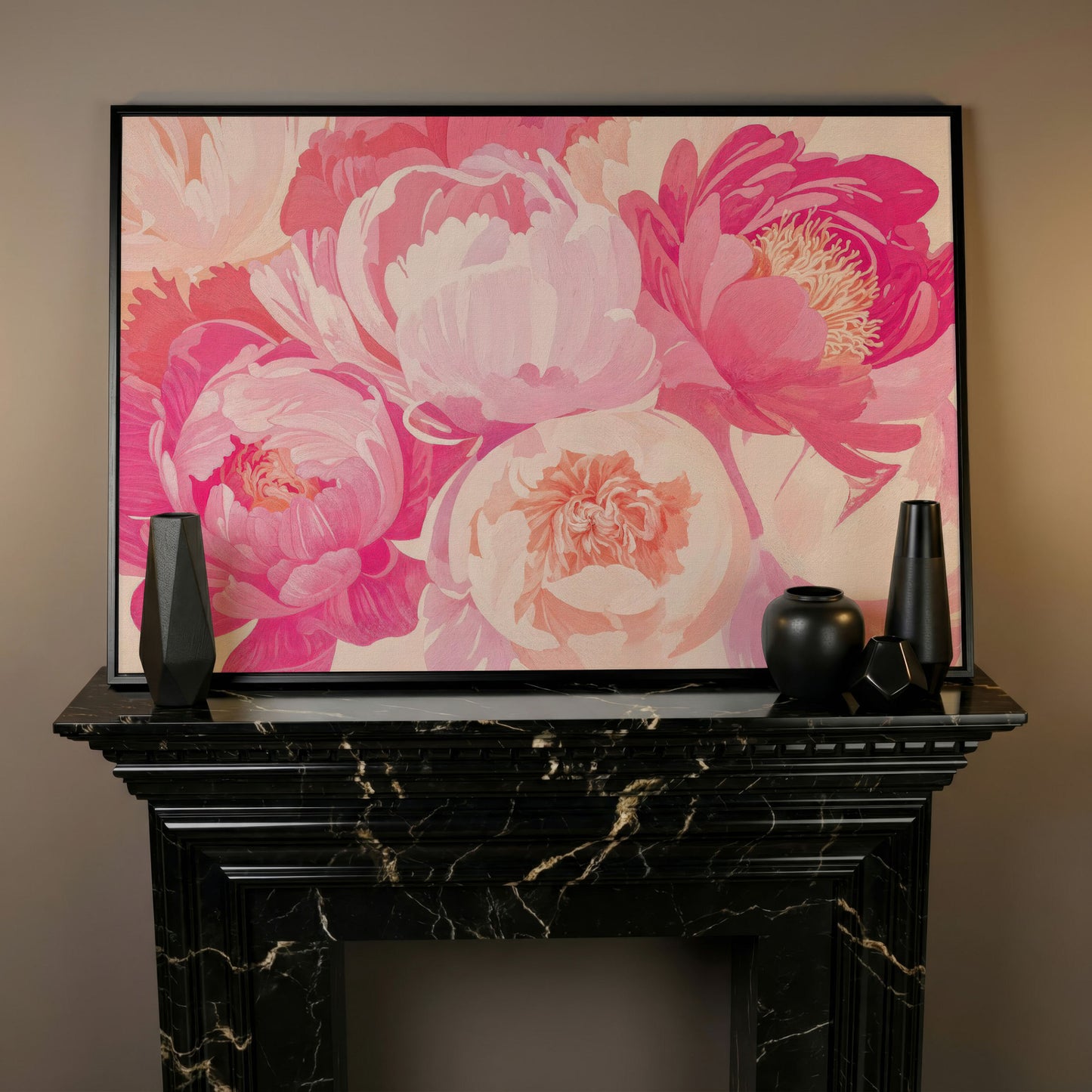 Pink Peonies Canvas Print in black floating frame