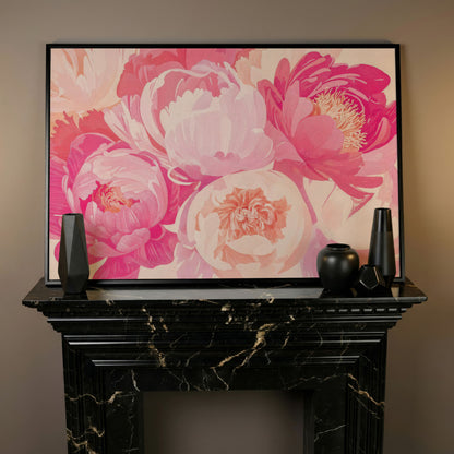 Pink Peonies Canvas Print in black floating frame
