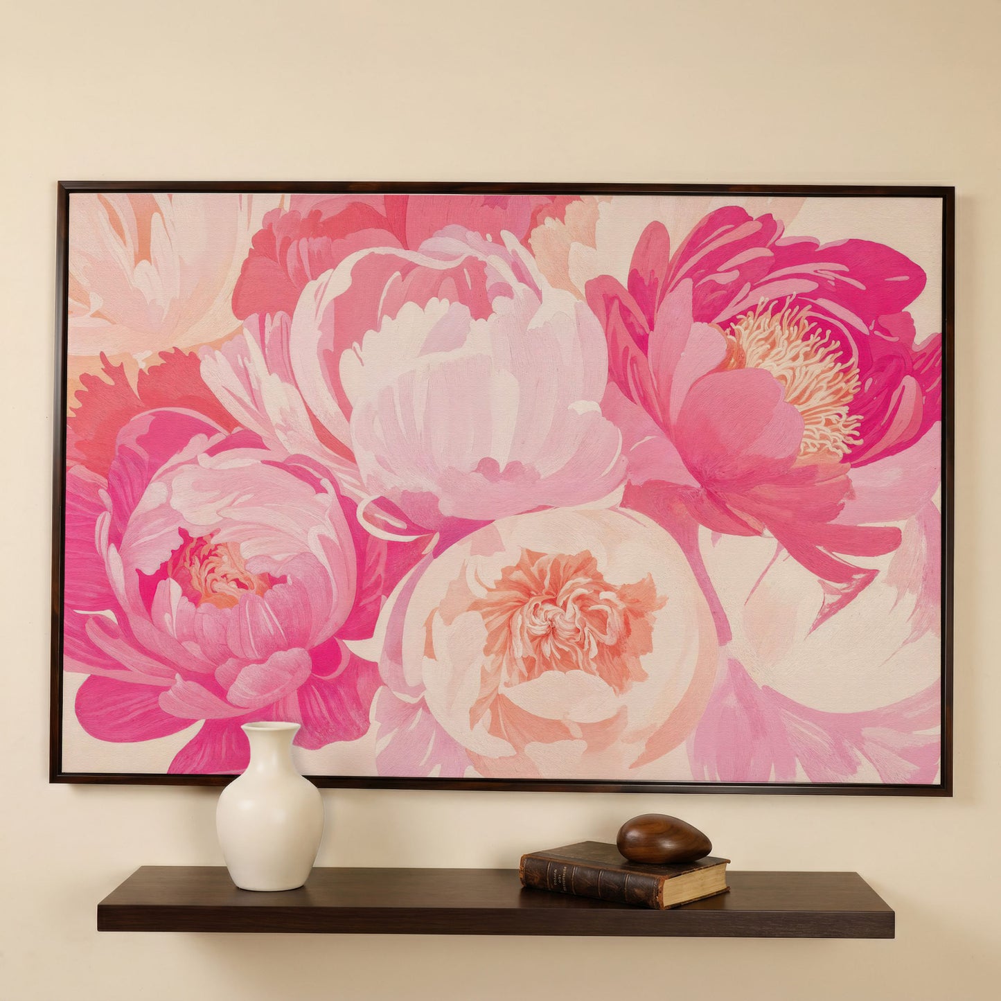 Pink Peonies Canvas Print in dark walnut floating frame