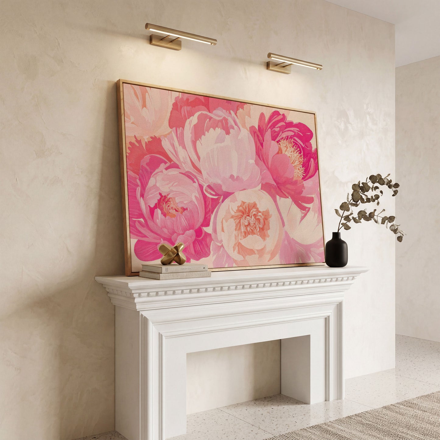 Pink Peonies Canvas Print in white oak floating frame