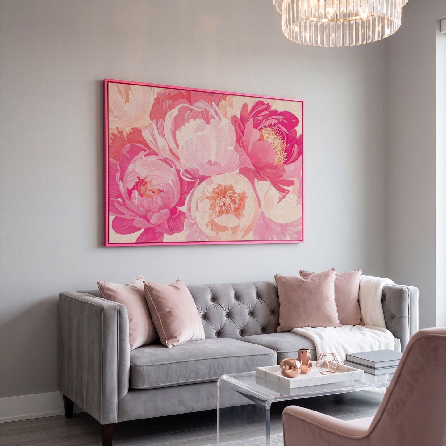 Pink Peonies Canvas Print in pink floating frame