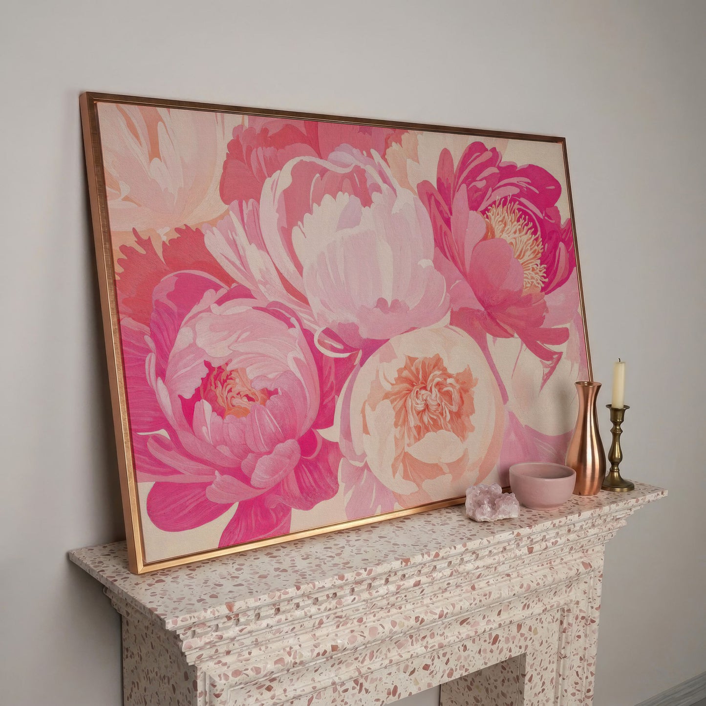 Pink Peonies Canvas Print in rose gold floating frame