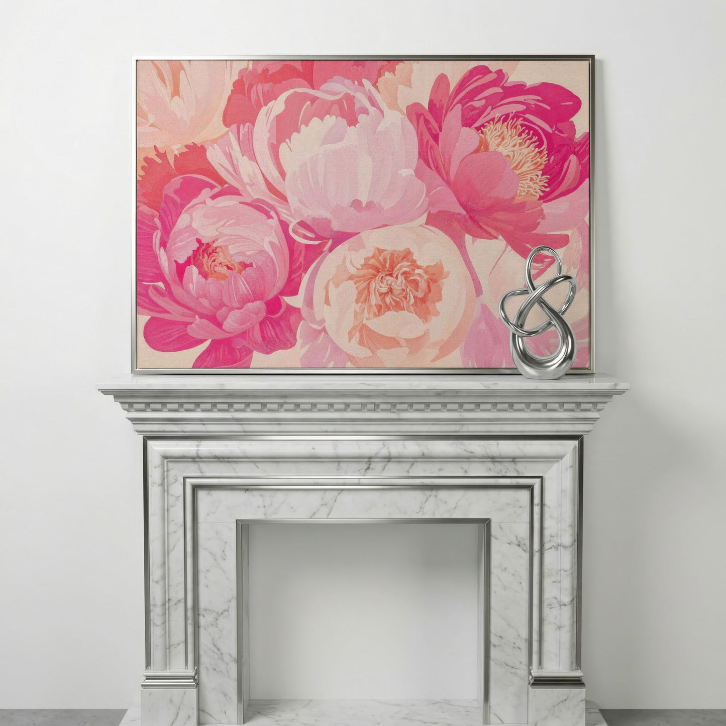 Pink Peonies Canvas Print in silver floating frame