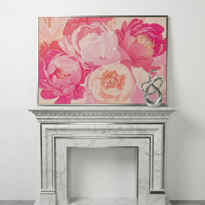 Pink Peonies Canvas Print in silver floating frame