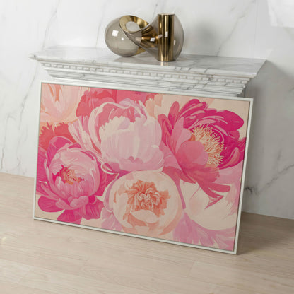 Pink Peonies Canvas Print in white floating frame