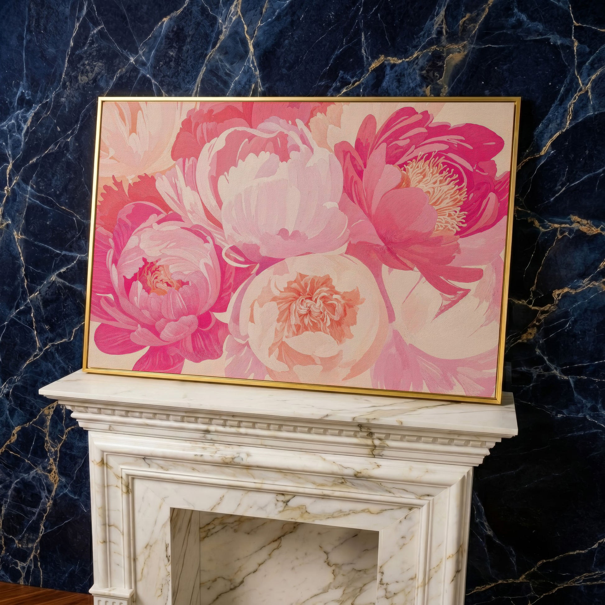 Pink Peonies Canvas Print in yellow gold floating frame
