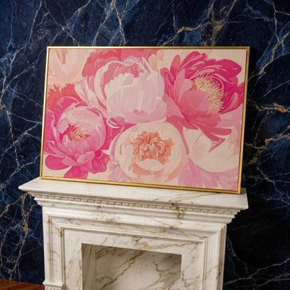 Pink Peonies Canvas Print in yellow gold floating frame