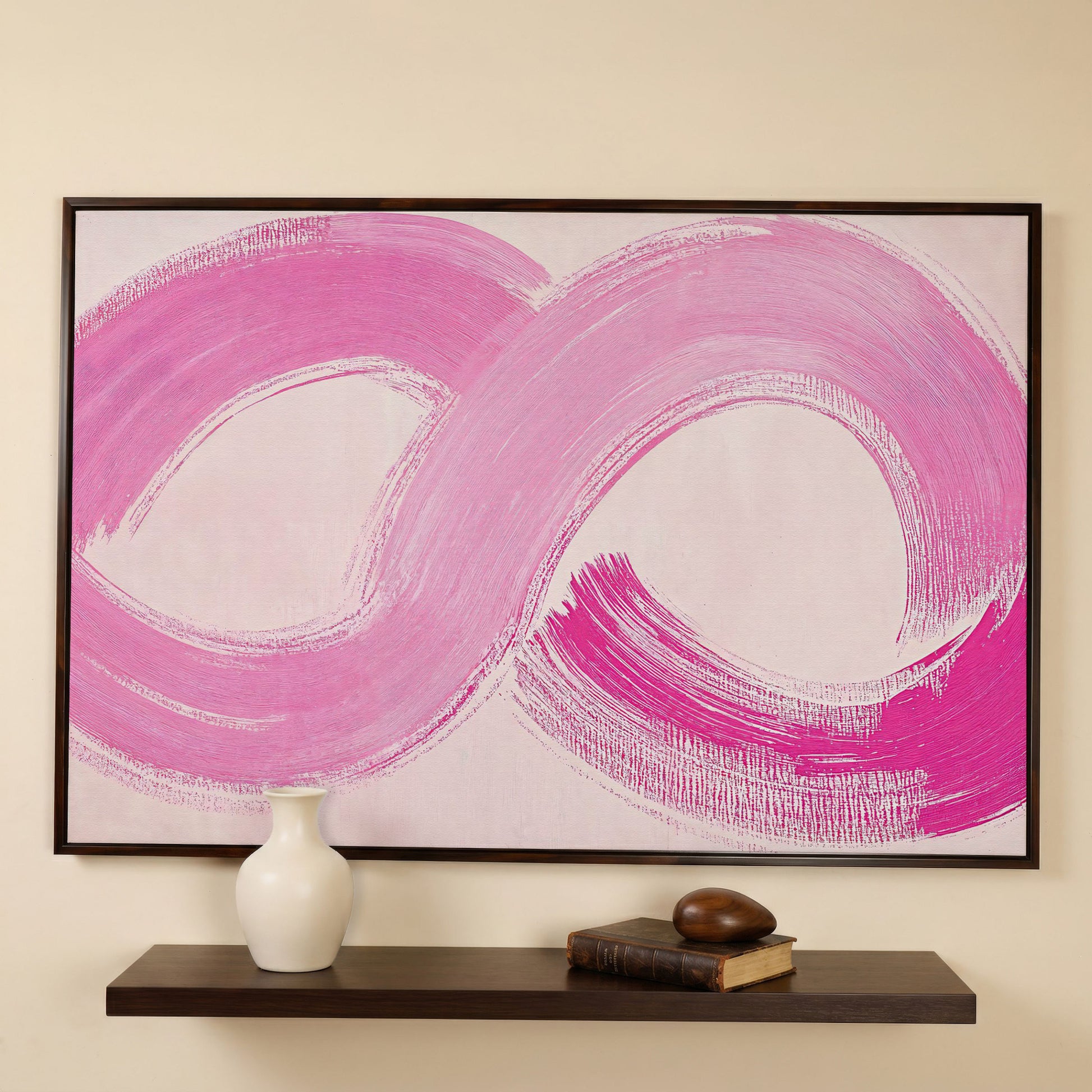 Pink Infinity Loop Canvas Print in dark walnut floating frame