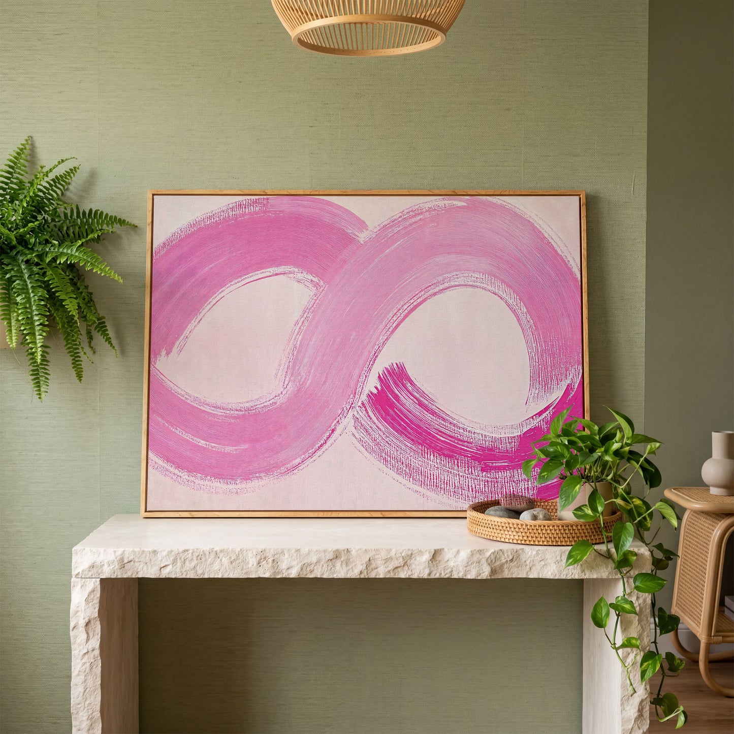 Pink Infinity Loop Canvas Print in white oak floating frame
