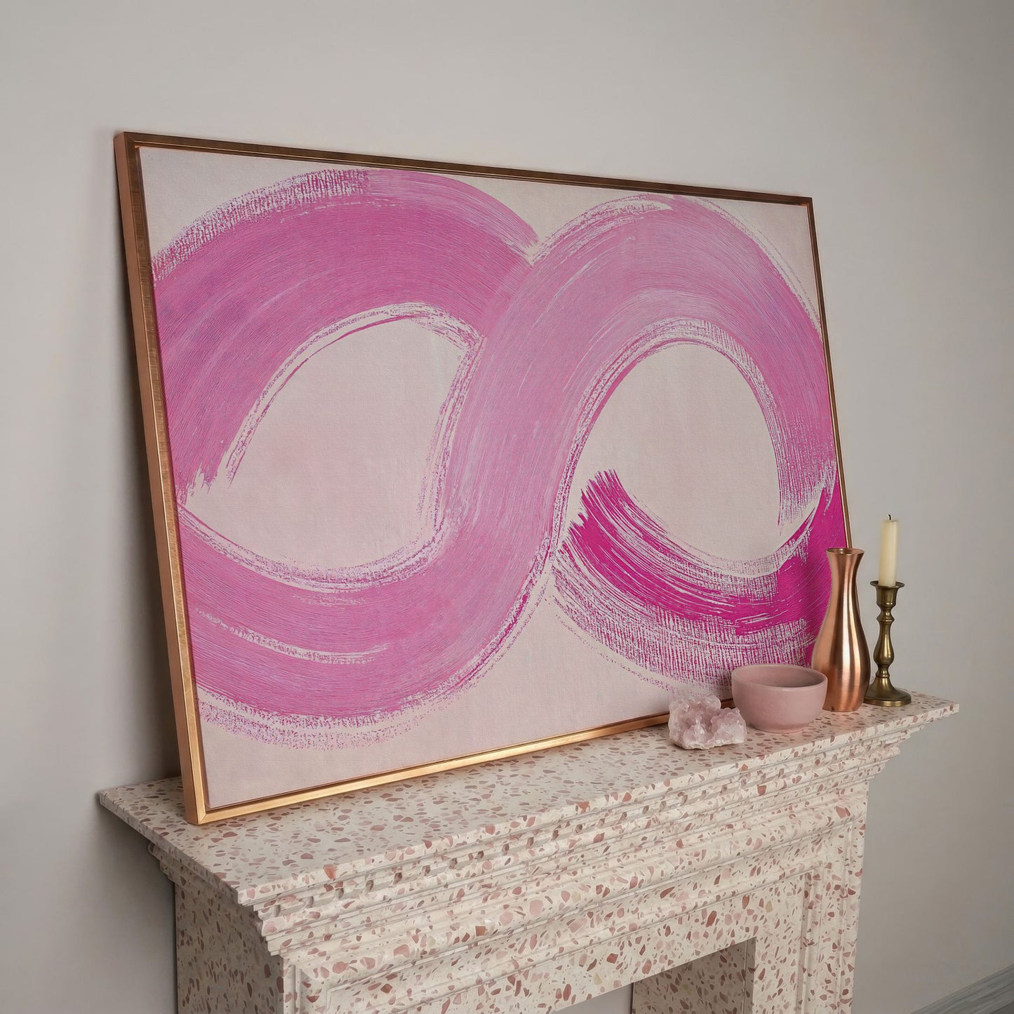Pink Infinity Loop Canvas Print in rose gold floating frame