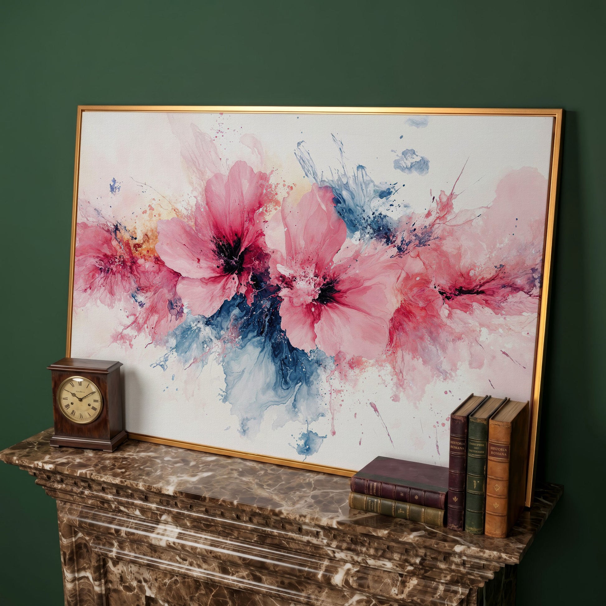 Pink & Blue Watercolor Floral Canvas in antique gold floating frame
