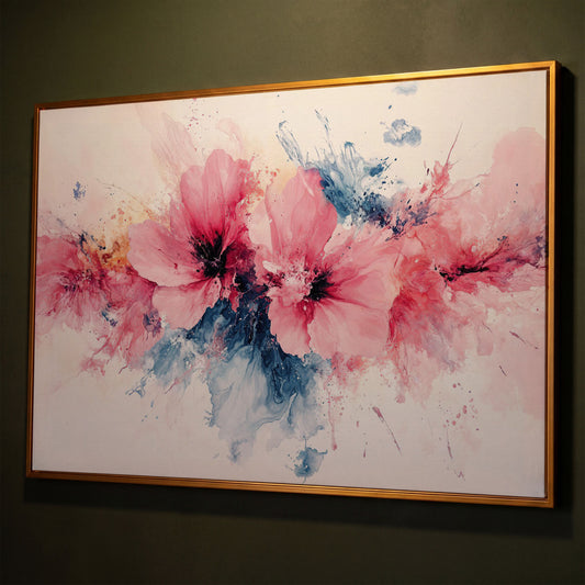 Pink & Blue Watercolor Floral Canvas shown in antique gold floating frame