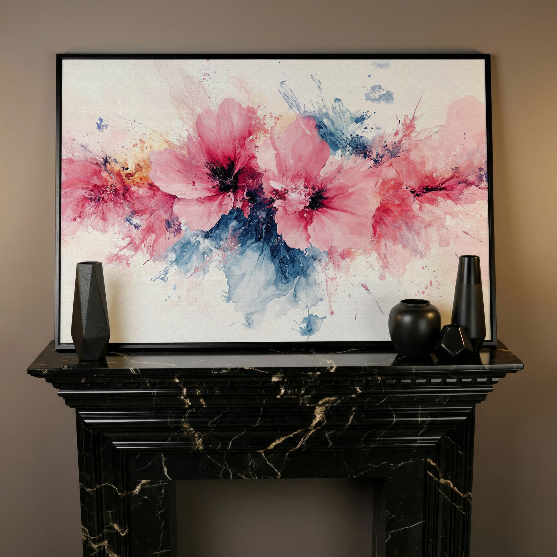 Pink & Blue Watercolor Floral Canvas in black floating frame