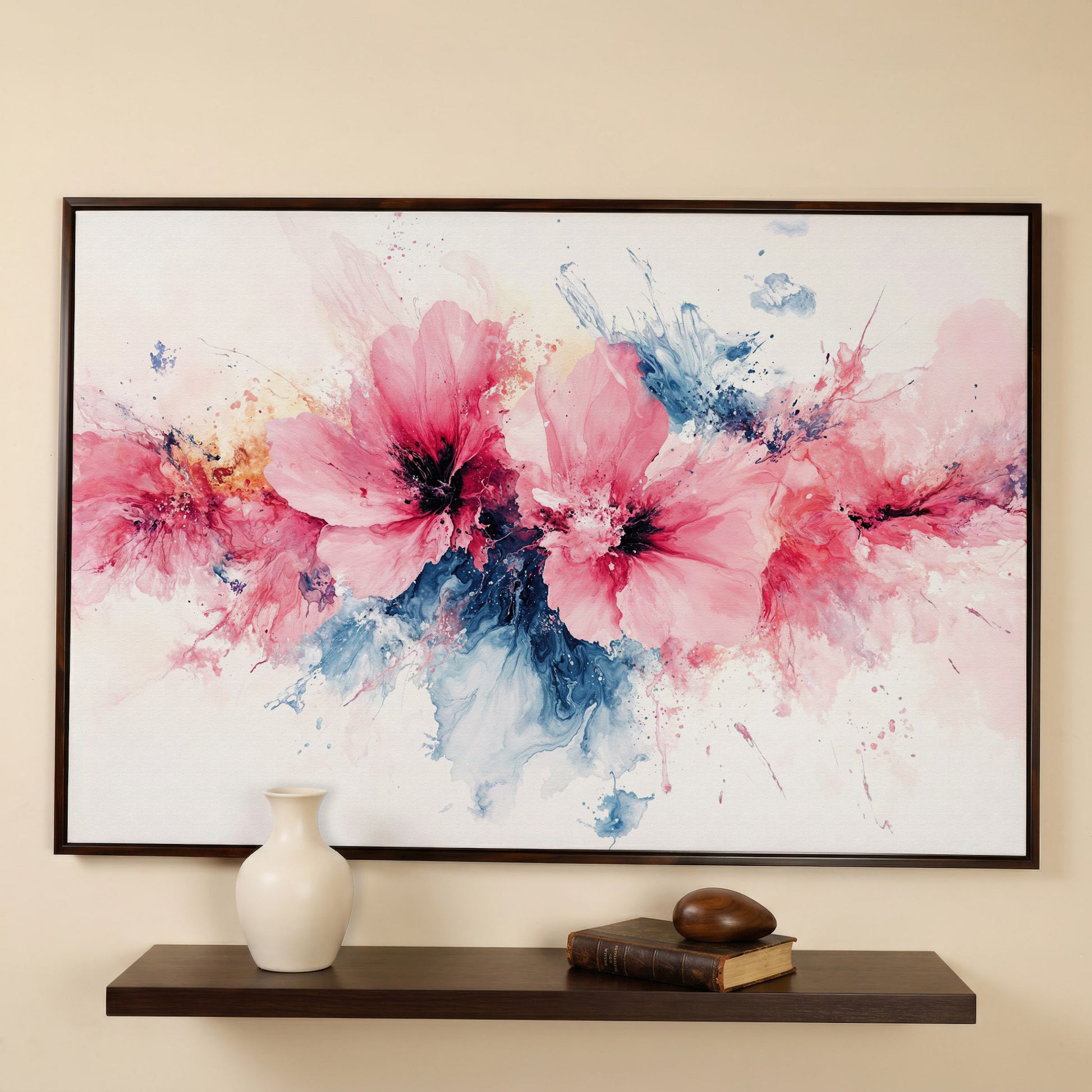 Pink & Blue Watercolor Floral Canvas in dark walnut floating frame