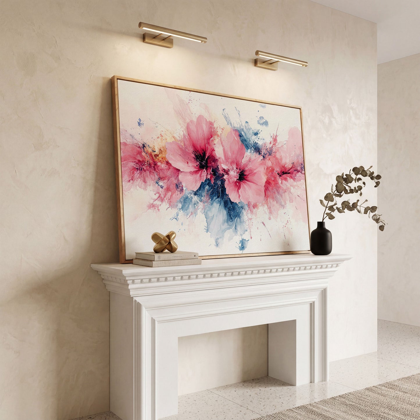 Pink & Blue Watercolor Floral Canvas in white oak floating frame