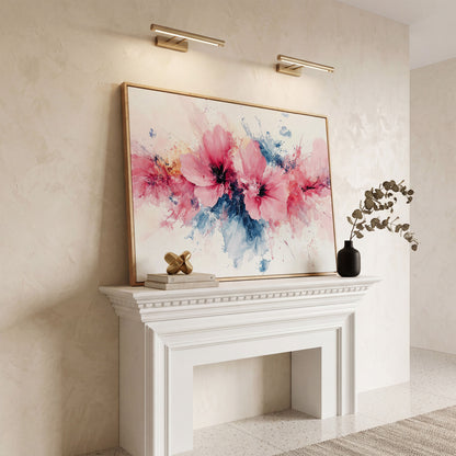 Pink & Blue Watercolor Floral Canvas in white oak floating frame
