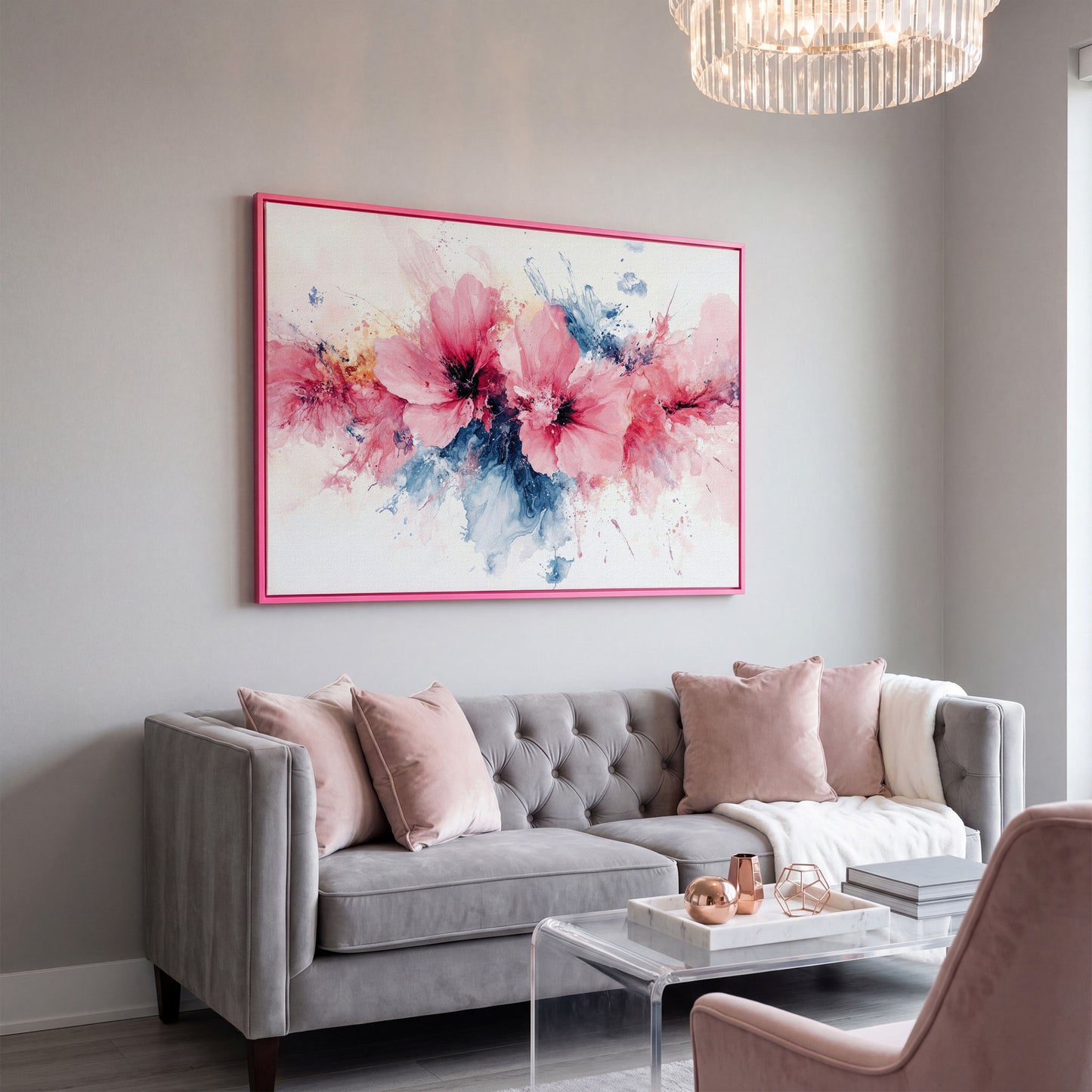 Pink & Blue Watercolor Floral Canvas in pink floating frame