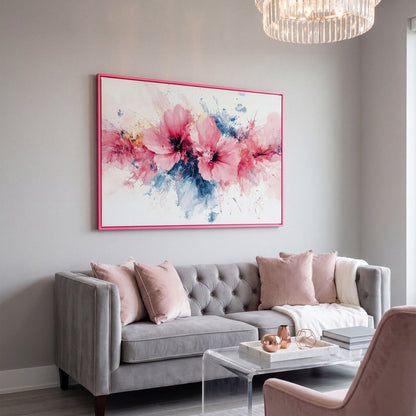 Pink & Blue Watercolor Floral Canvas in pink floating frame