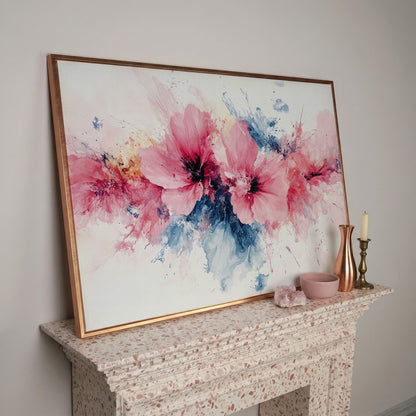 Pink & Blue Watercolor Floral Canvas in rose gold floating frame