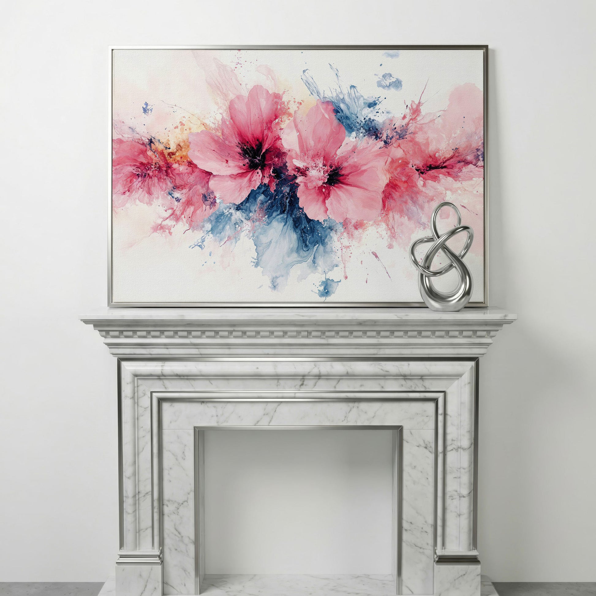 Pink & Blue Watercolor Floral Canvas in silver floating frame
