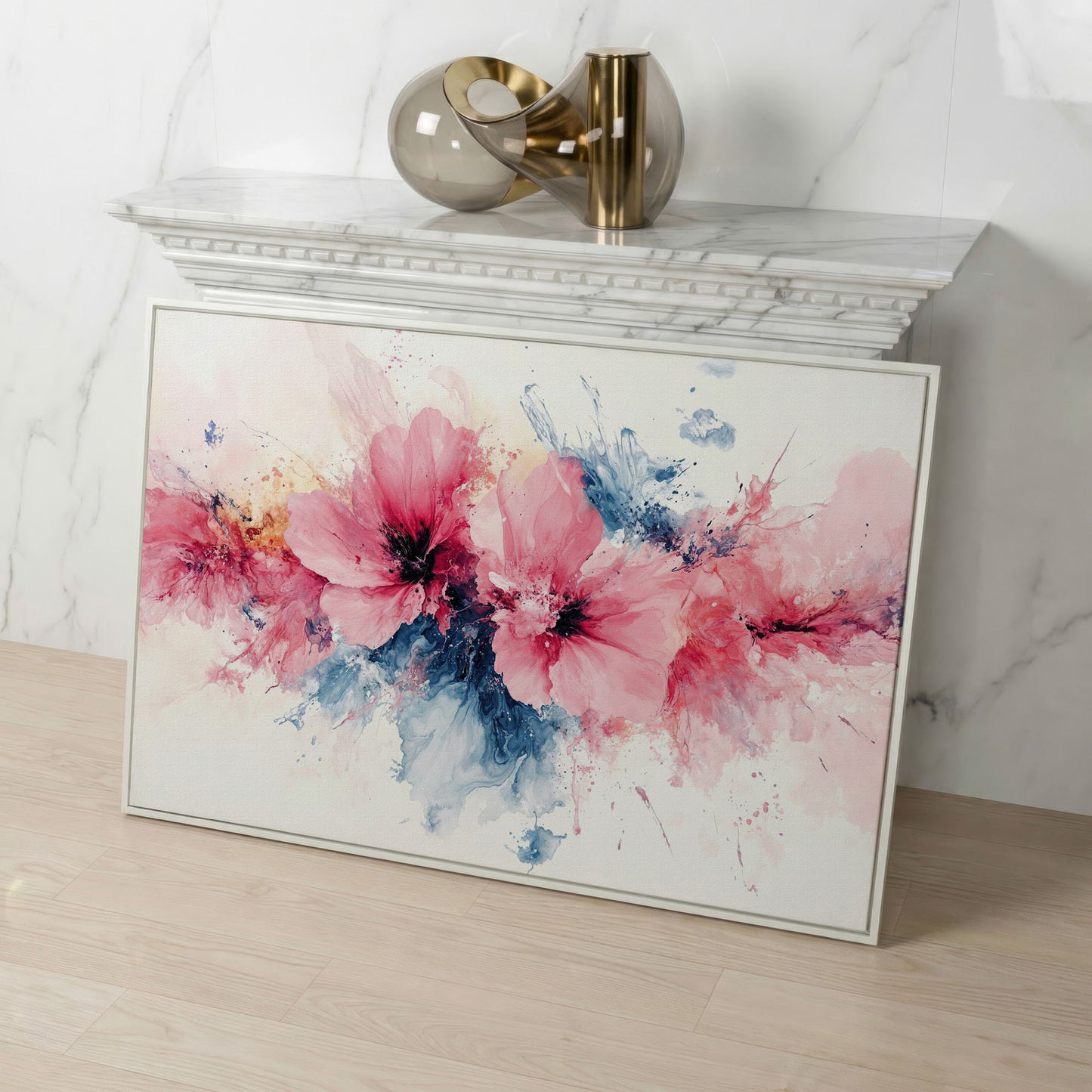 Pink & Blue Watercolor Floral Canvas in white floating frame