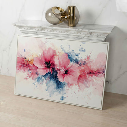 Pink & Blue Watercolor Floral Canvas in white floating frame