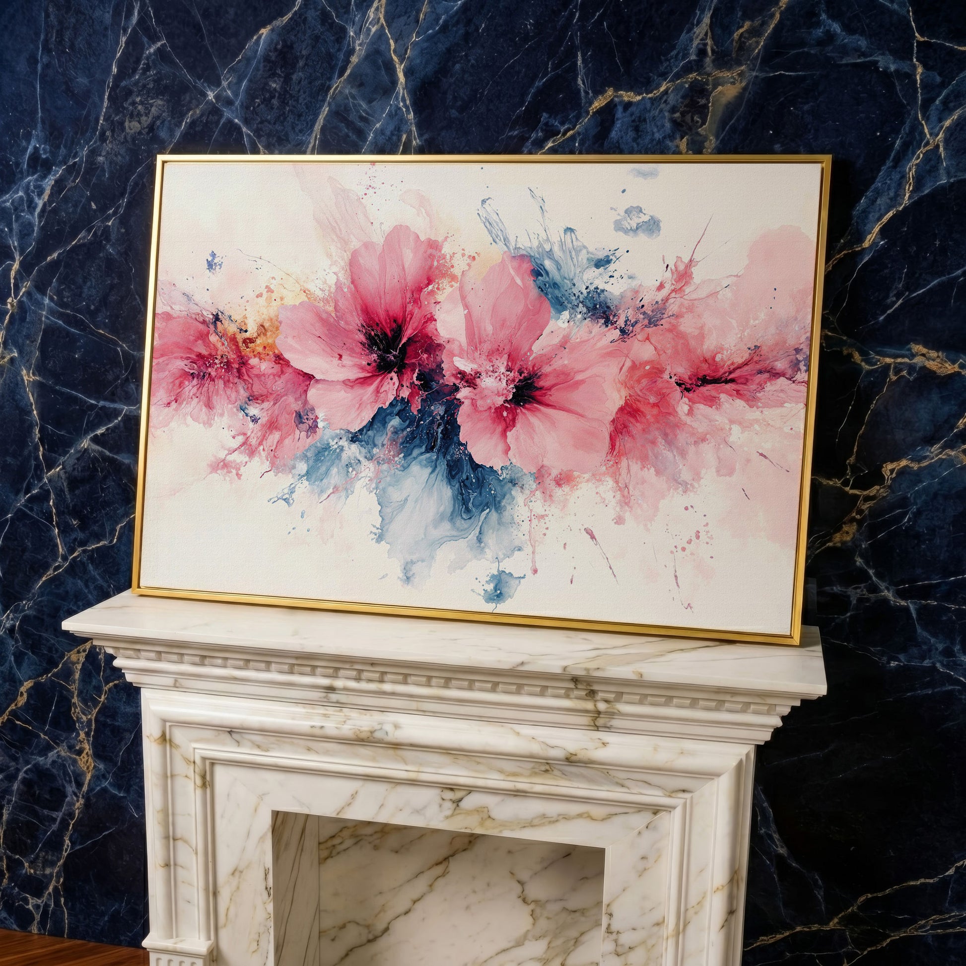 Pink & Blue Watercolor Floral Canvas in yellow gold floating frame