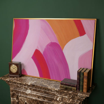 Pink and Orange Abstract Canvas with Curved Brushwork in antique gold floating frame