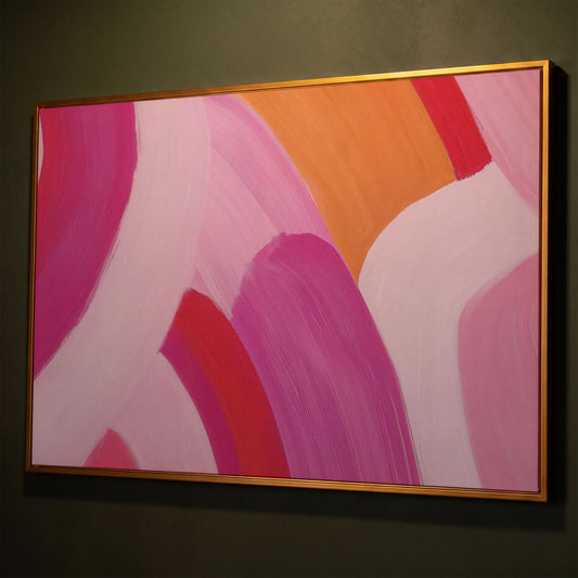 Pink and Orange Abstract Canvas with Curved Brushwork shown in antique gold floating frame