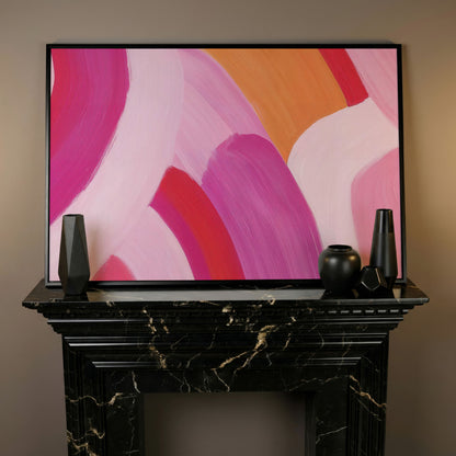 Pink and Orange Abstract Canvas with Curved Brushwork in black floating frame