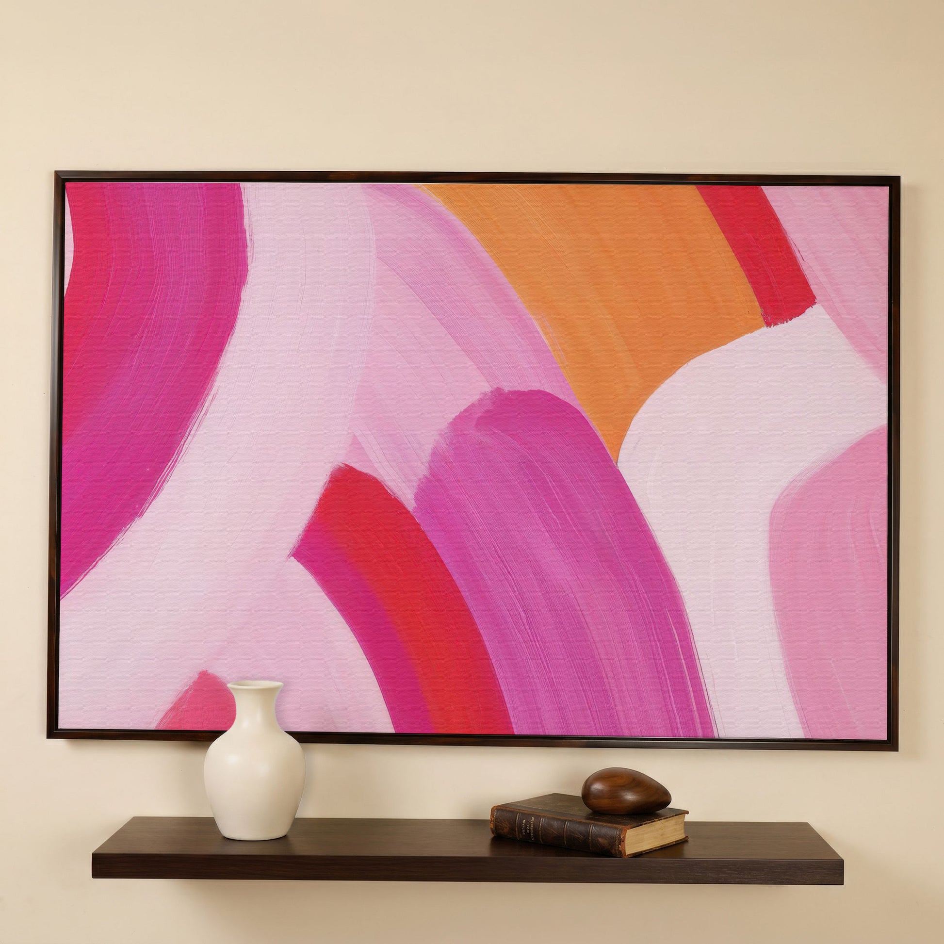 Pink and Orange Abstract Canvas with Curved Brushwork in dark walnut floating frame