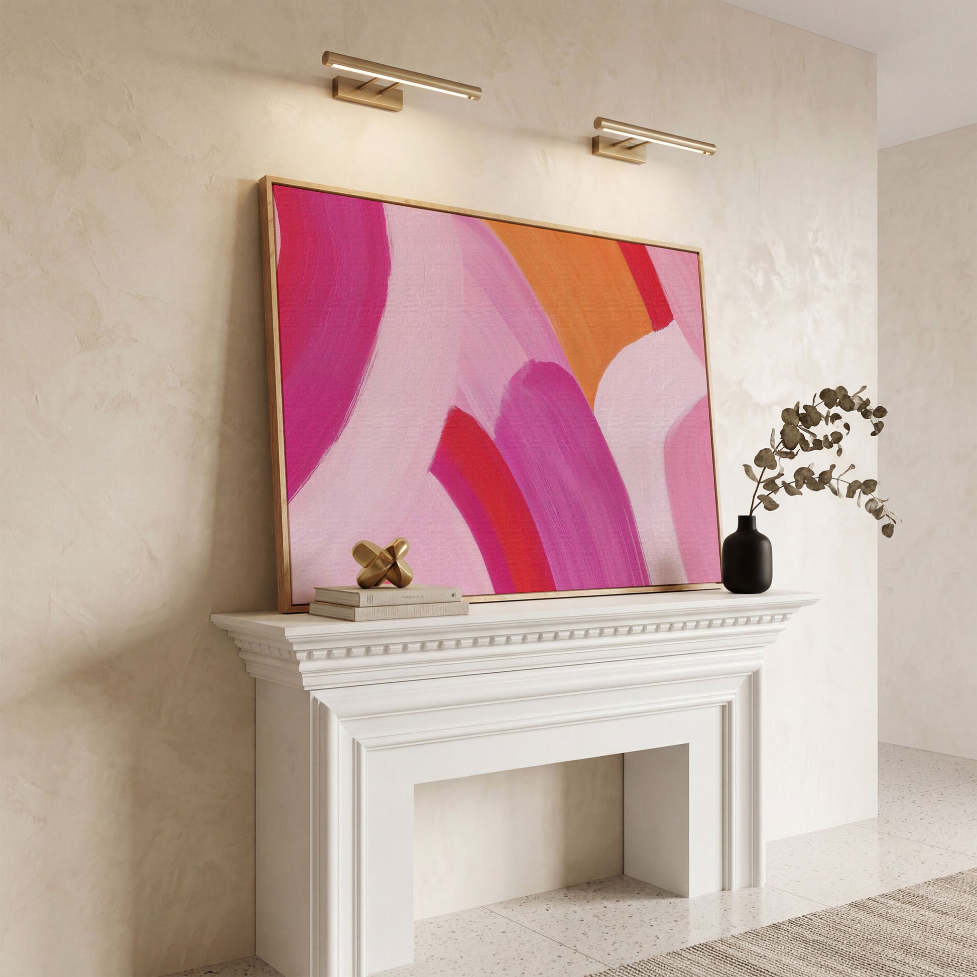 Pink and Orange Abstract Canvas with Curved Brushwork in white oak floating frame