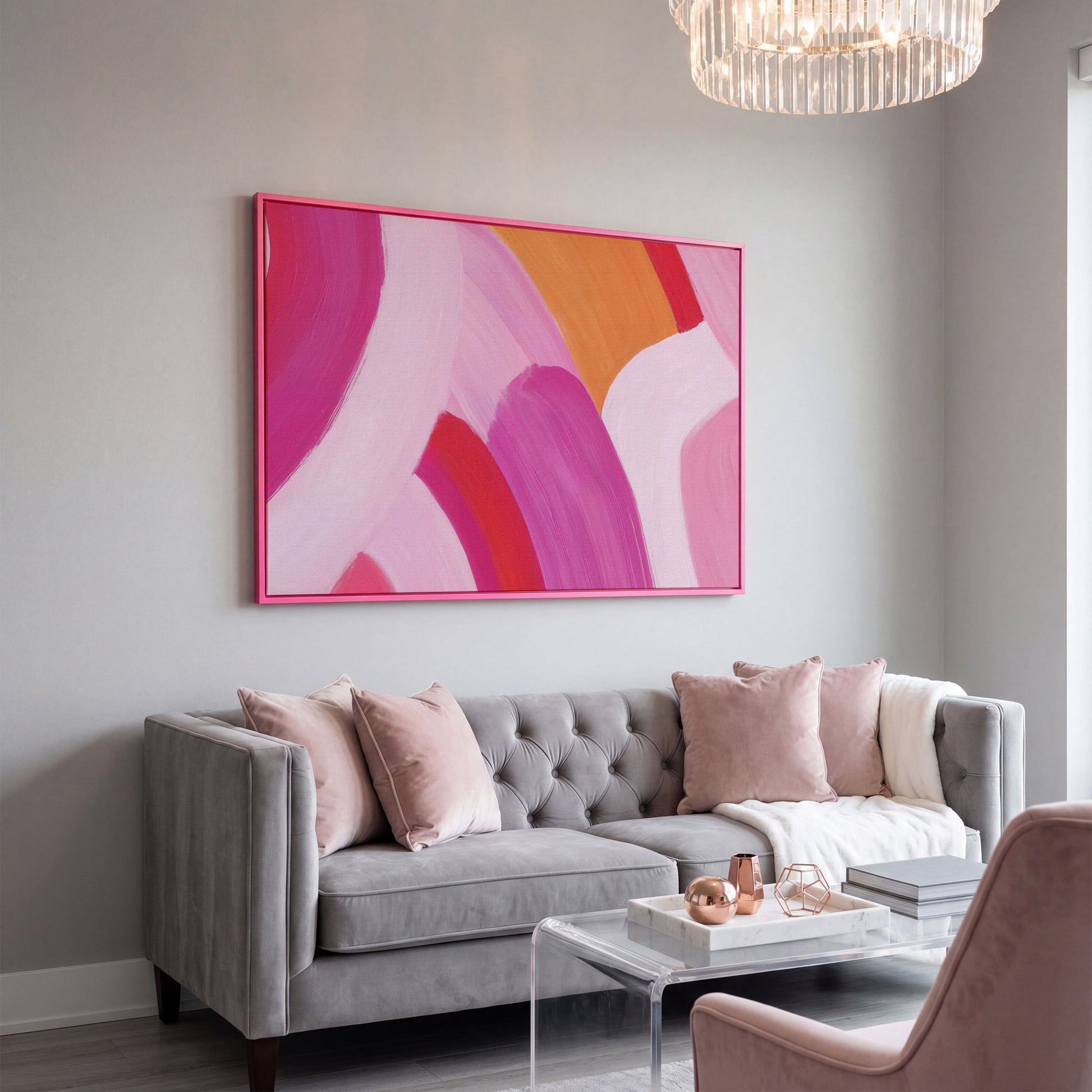 Pink and Orange Abstract Canvas with Curved Brushwork in pink floating frame