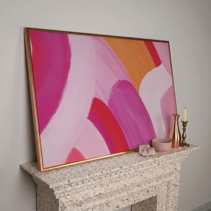 Pink and Orange Abstract Canvas with Curved Brushwork in rose gold floating frame