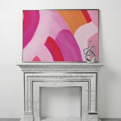 Pink and Orange Abstract Canvas with Curved Brushwork in silver floating frame