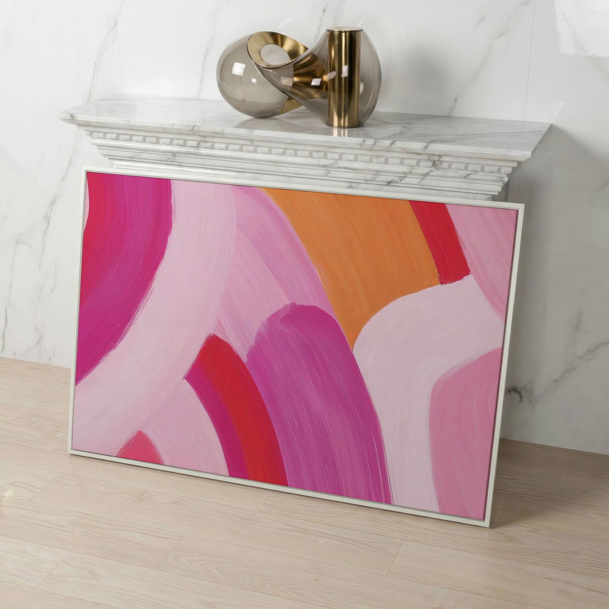 Pink and Orange Abstract Canvas with Curved Brushwork in white floating frame