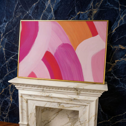Pink and Orange Abstract Canvas with Curved Brushwork in yellow gold floating frame