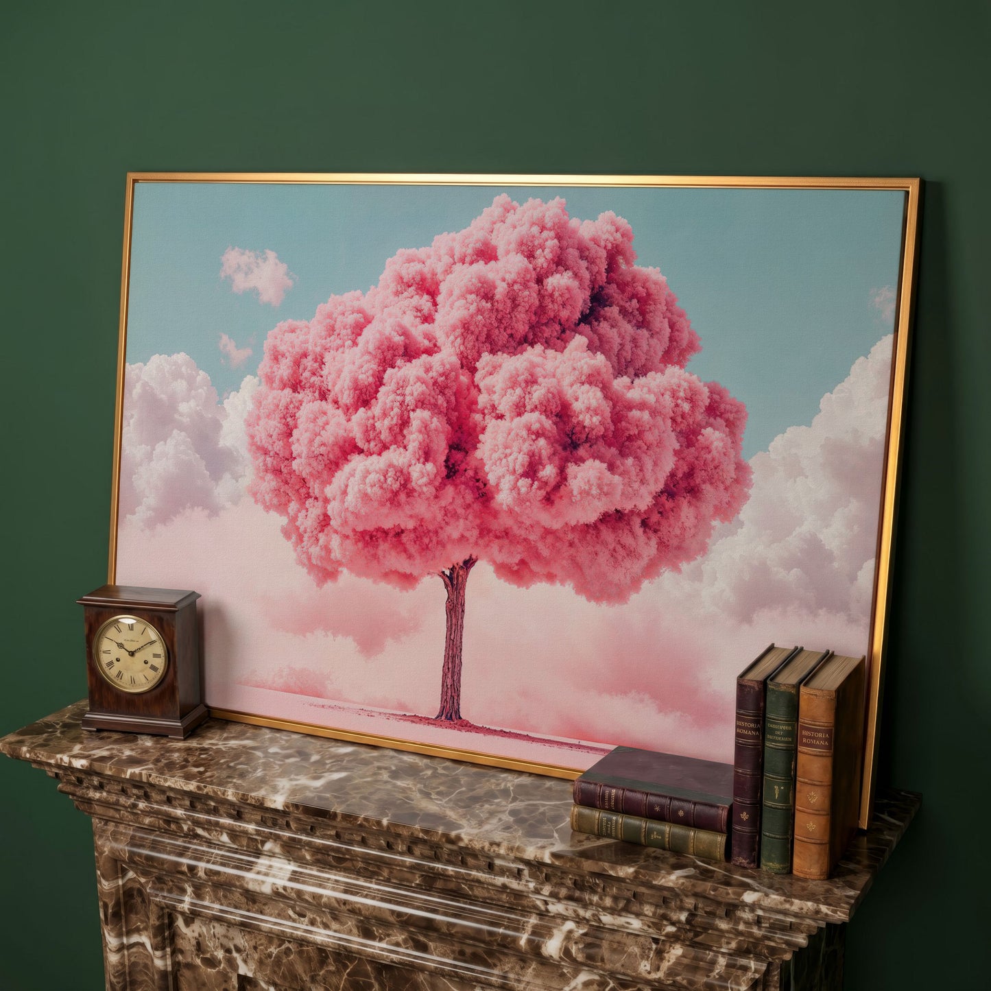 Pink Tree Canvas Print with Pastel Sky in antique gold floating frame