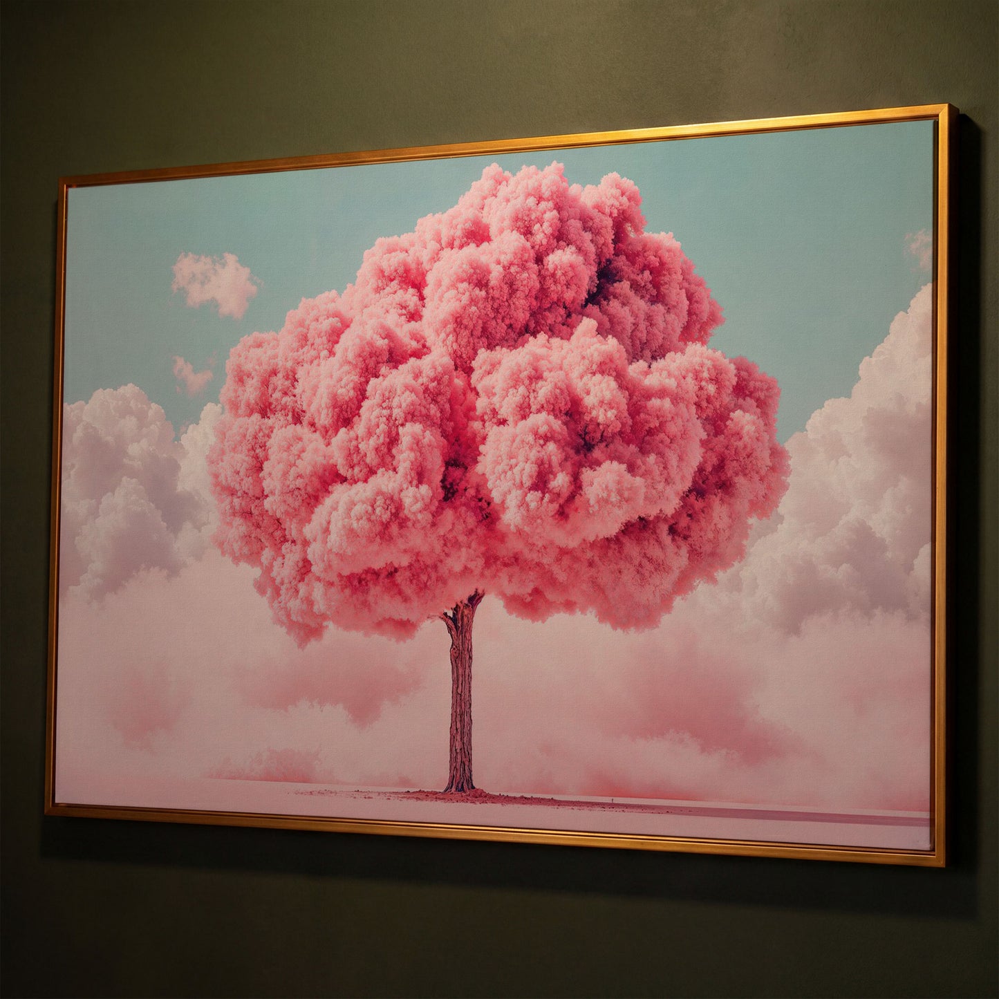 Pink Tree Canvas Print with Pastel Sky shown in antique gold floating frame