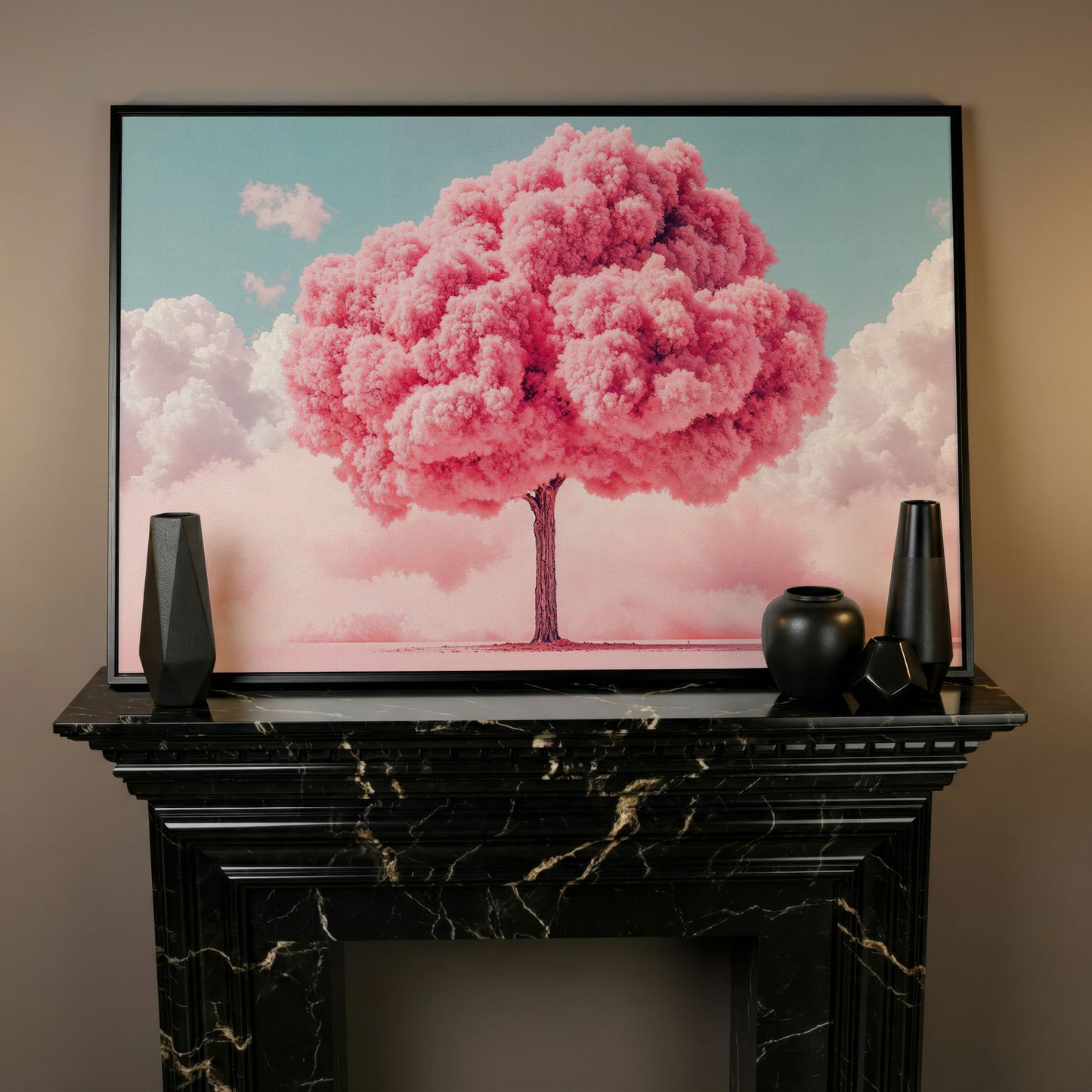 Pink Tree Canvas Print with Pastel Sky in black floating frame