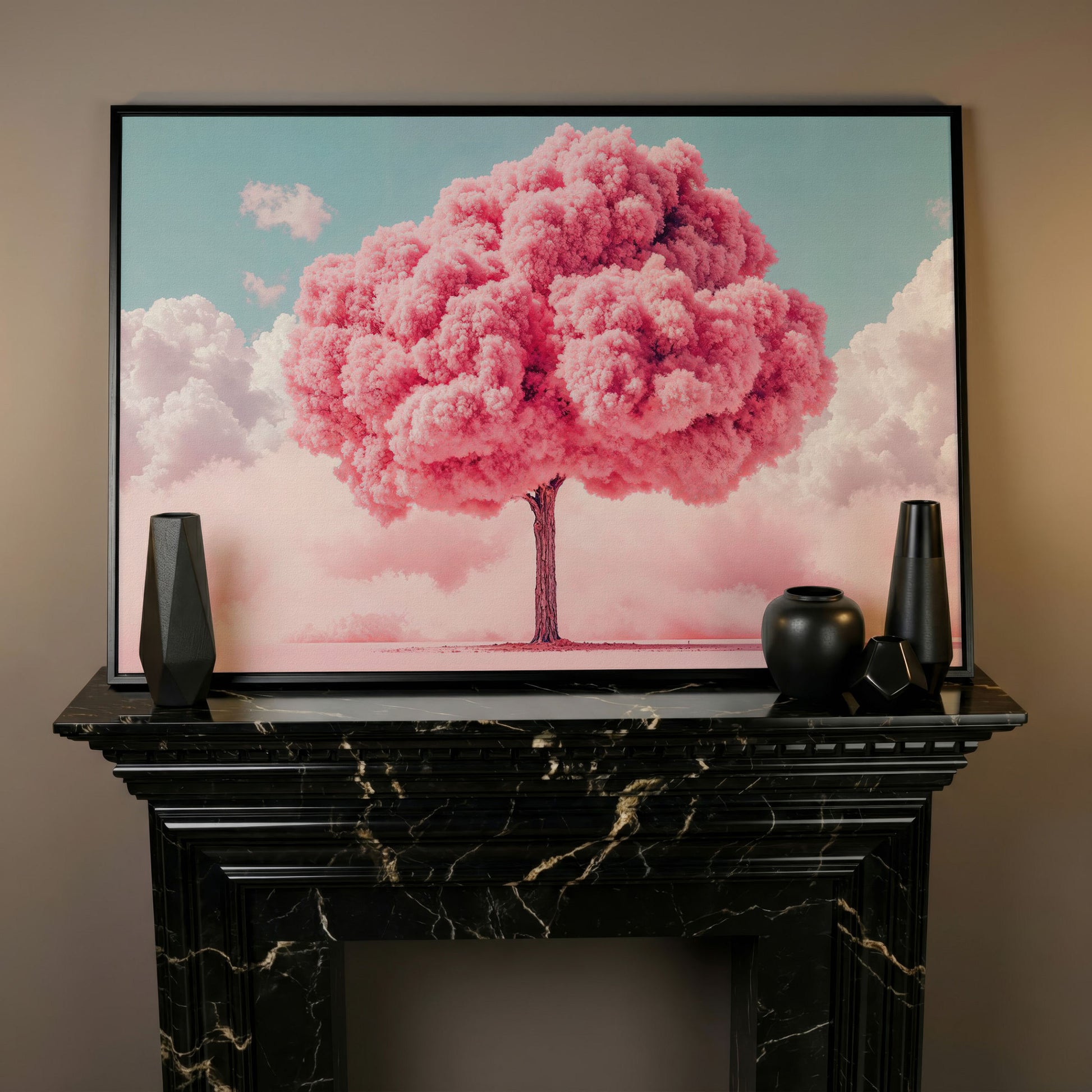 Pink Tree Canvas Print with Pastel Sky in black floating frame