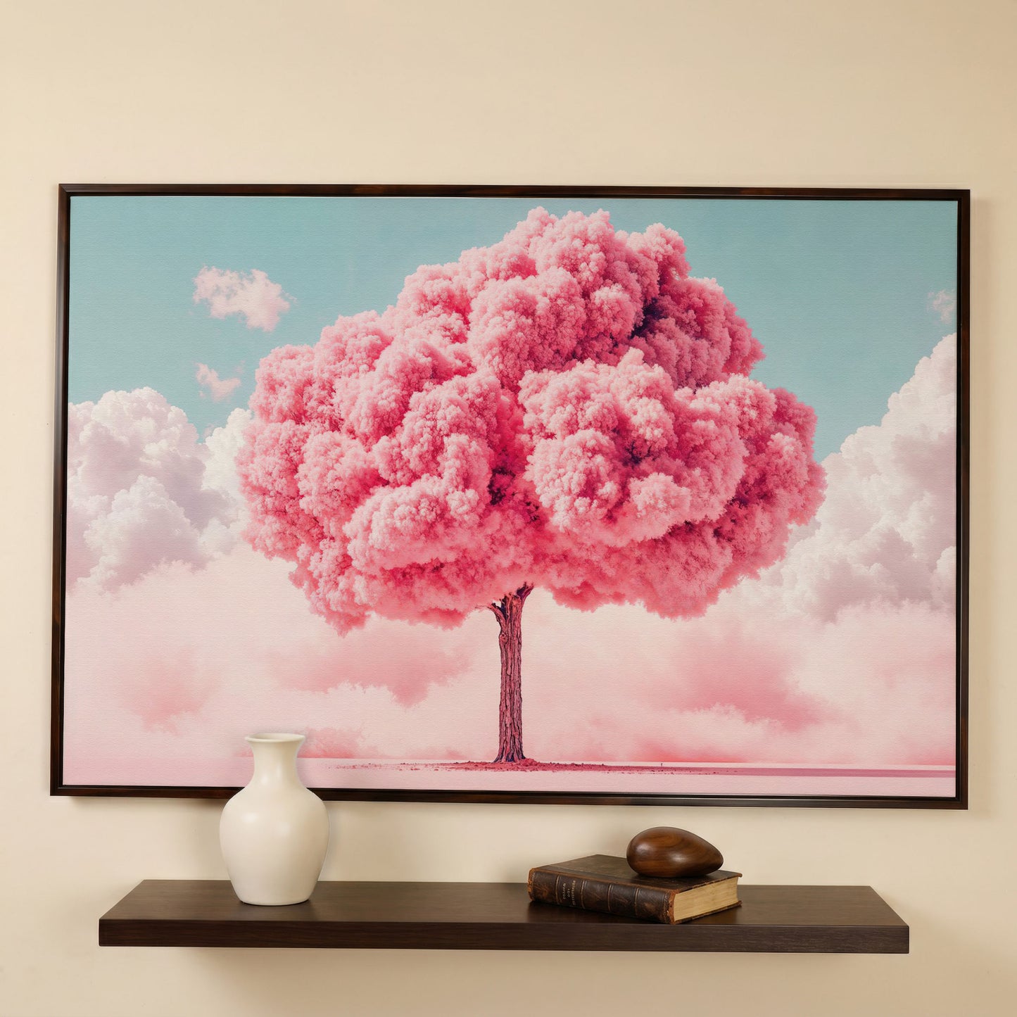 Pink Tree Canvas Print with Pastel Sky in dark walnut floating frame