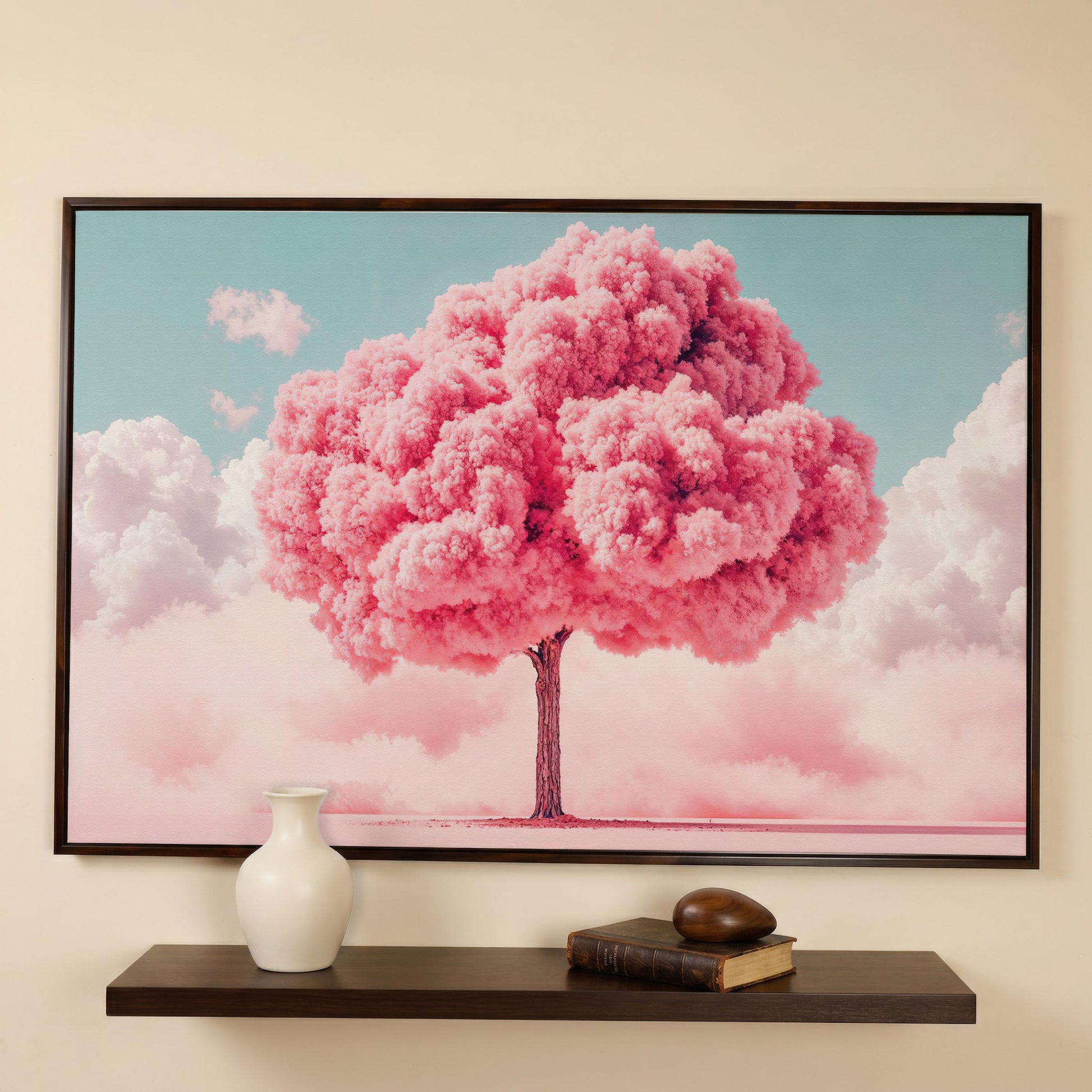 Pink Tree Canvas Print with Pastel Sky in dark walnut floating frame