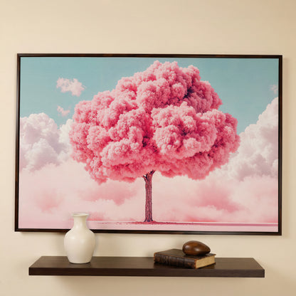 Pink Tree Canvas Print with Pastel Sky in dark walnut floating frame