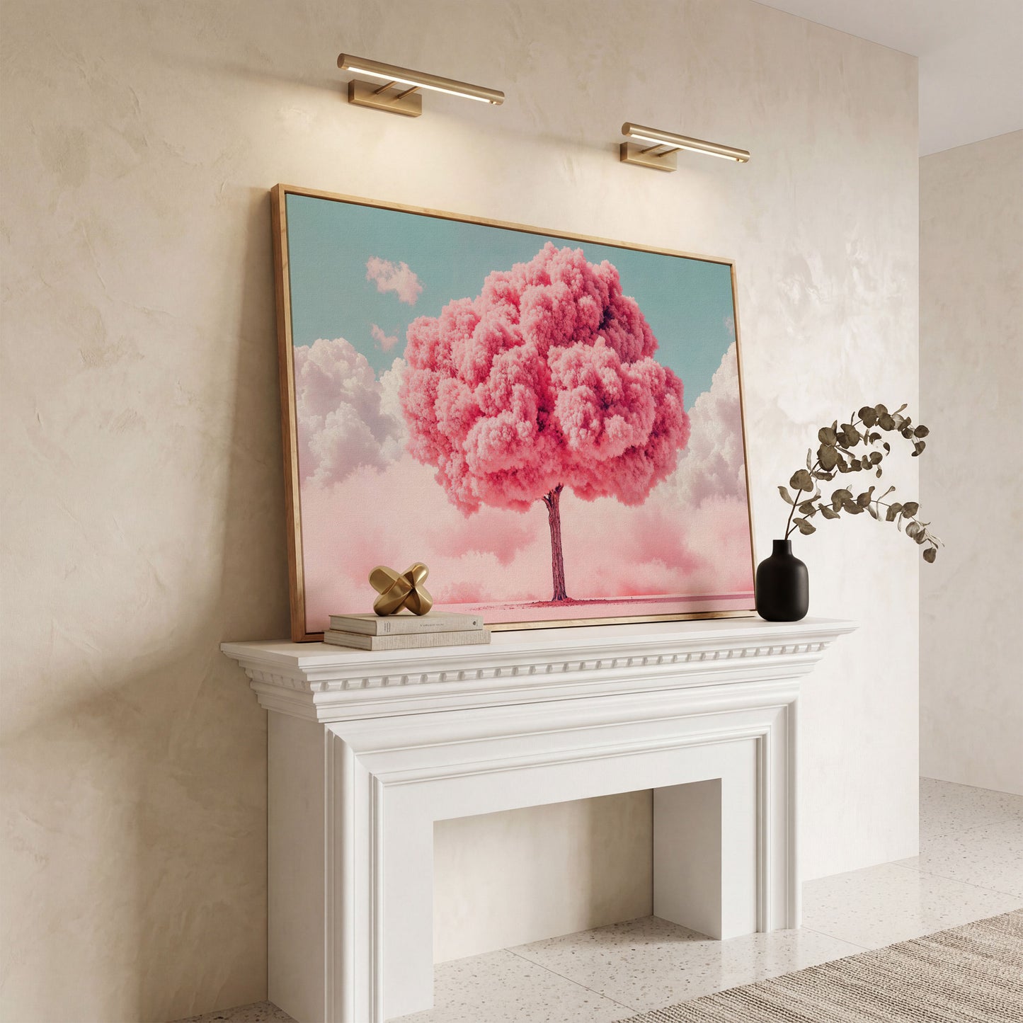 Pink Tree Canvas Print with Pastel Sky in white oak floating frame
