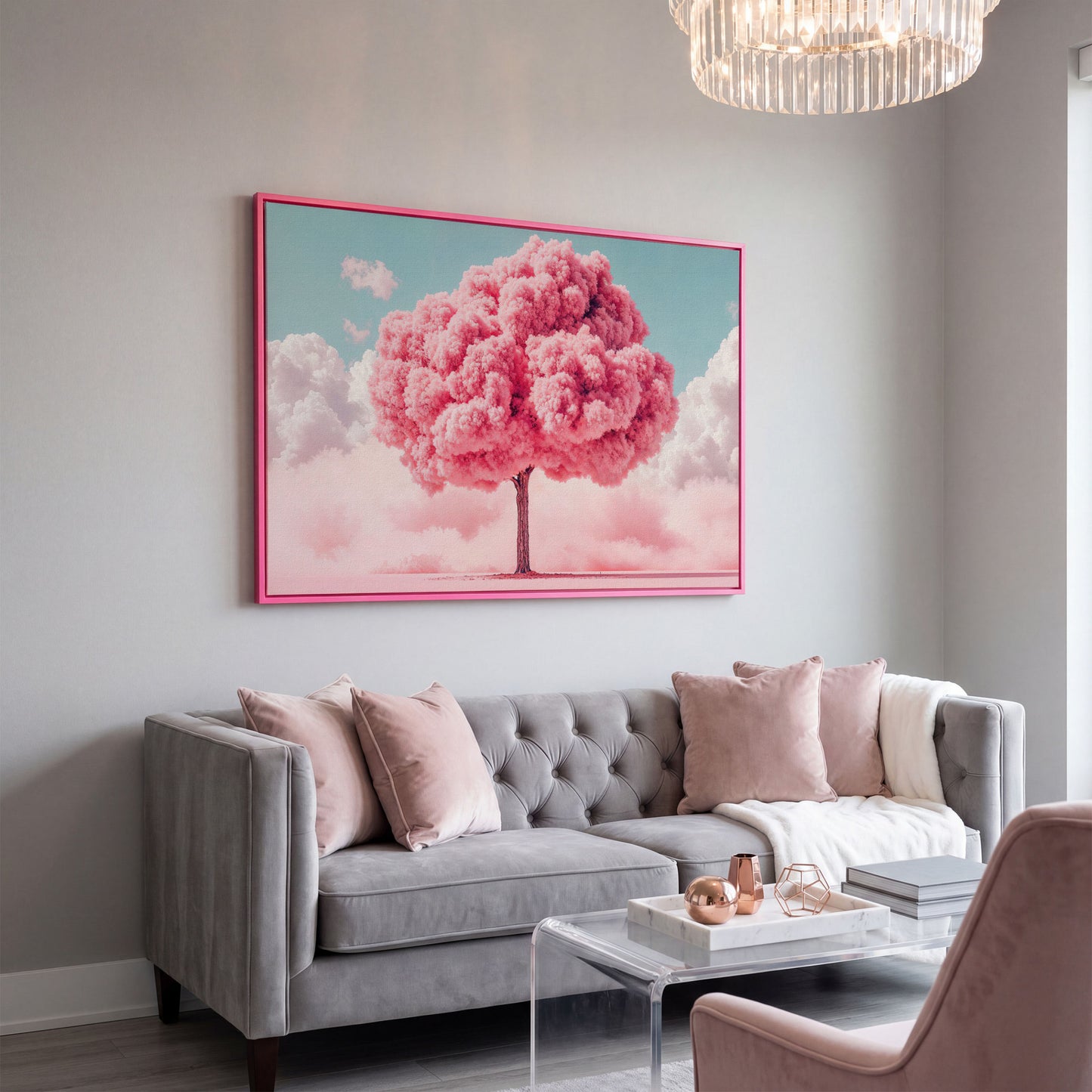 Pink Tree Canvas Print with Pastel Sky in pink floating frame
