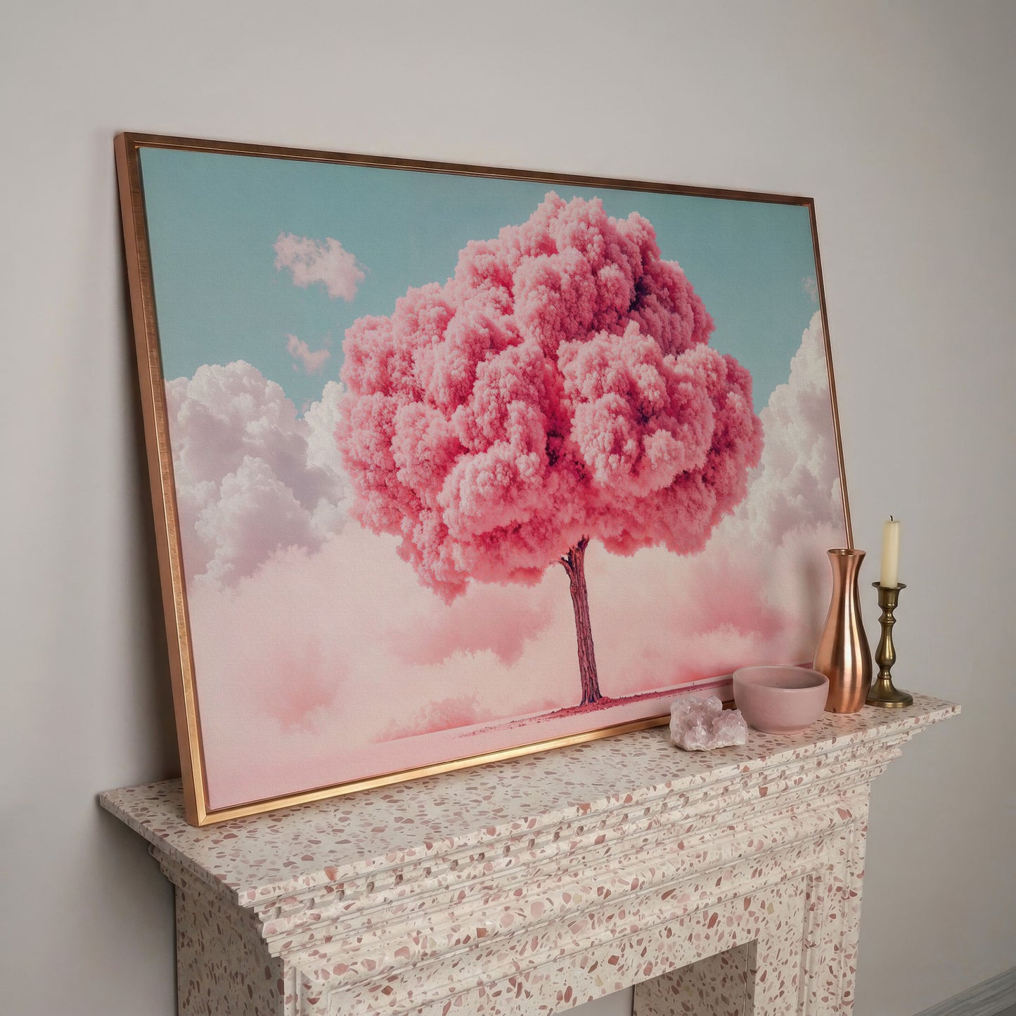 Pink Tree Canvas Print with Pastel Sky in rose gold floating frame