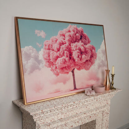 Pink Tree Canvas Print with Pastel Sky in rose gold floating frame