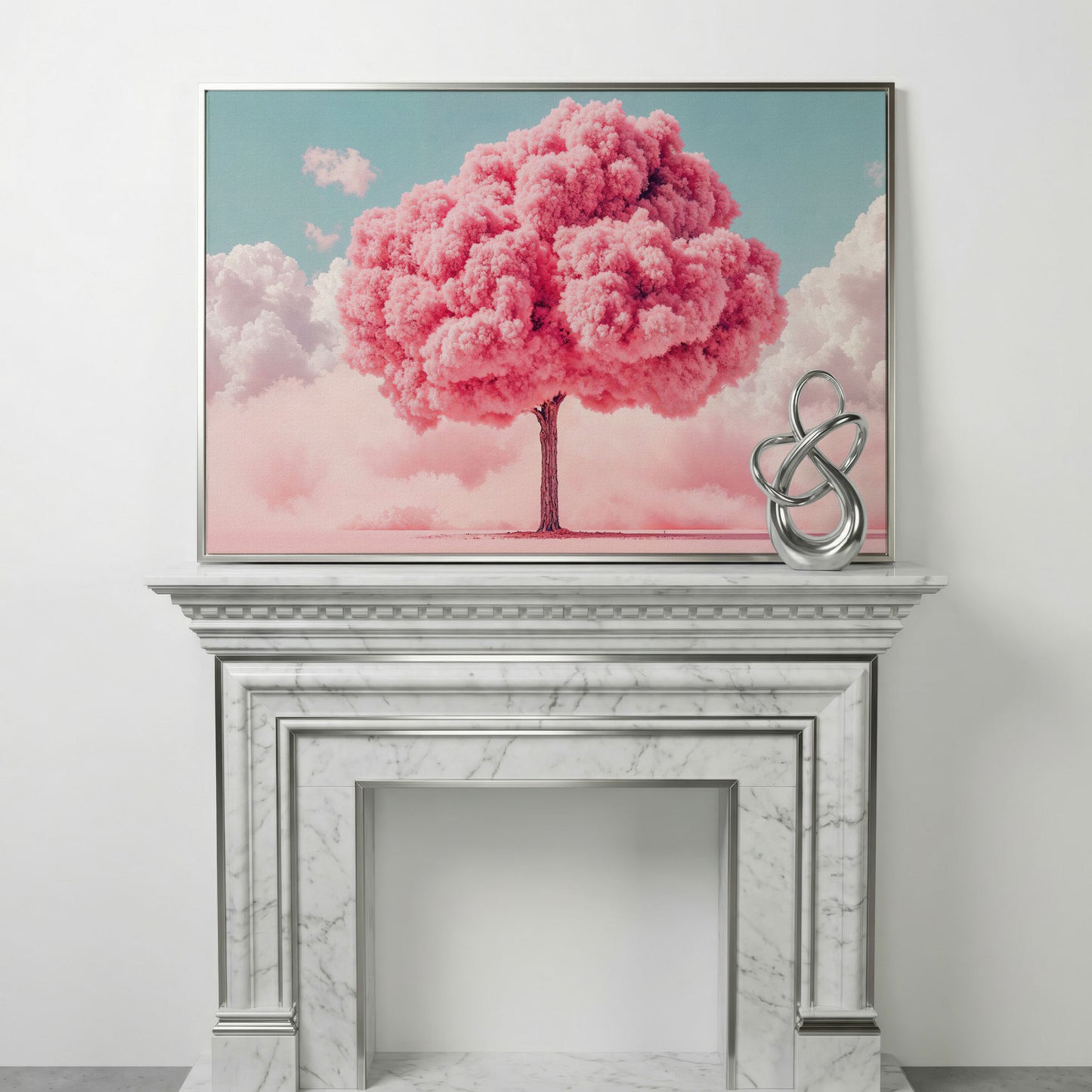 Pink Tree Canvas Print with Pastel Sky in silver floating frame