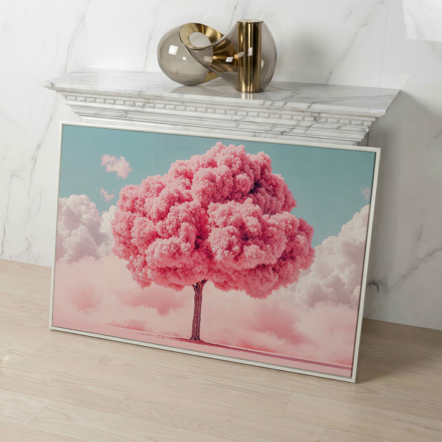 Pink Tree Canvas Print with Pastel Sky in white floating frame
